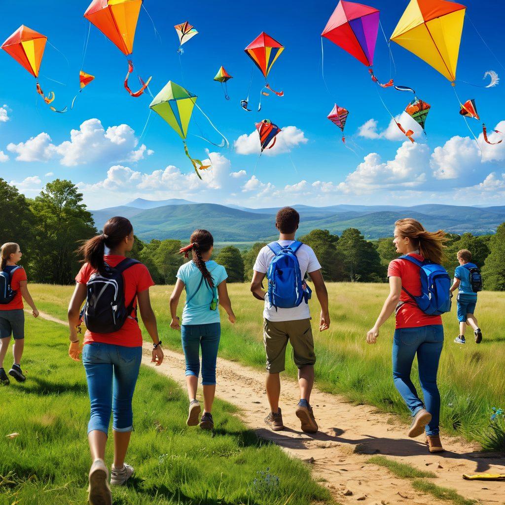 A vibrant outdoor scene depicting a diverse group of people engaging in various energetic activities like hiking, biking, and playing with colorful fun gear such as kites and frisbees. The background features a bright blue sky with fluffy clouds and a sun shining down, symbolizing joy and adventure. Incorporate elements like laughter and movement to convey excitement and memories in the making. super-realistic. vibrant colors. lively atmosphere.
