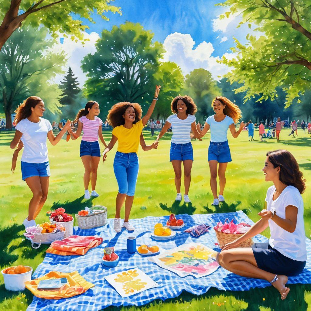 A sunlit park scene filled with diverse young people joyfully engaging in various activities such as dancing, playing frisbee, and painting. Colorful picnic blankets spread across the grass, with vibrant flowers blooming around. A backdrop of bright blue sky and fluffy clouds amplifies the feeling of freedom and happiness. Soft smiles and laughter radiate from their faces, capturing the essence of youthful spirit. watercolor painting. vibrant colors. sunny atmosphere.