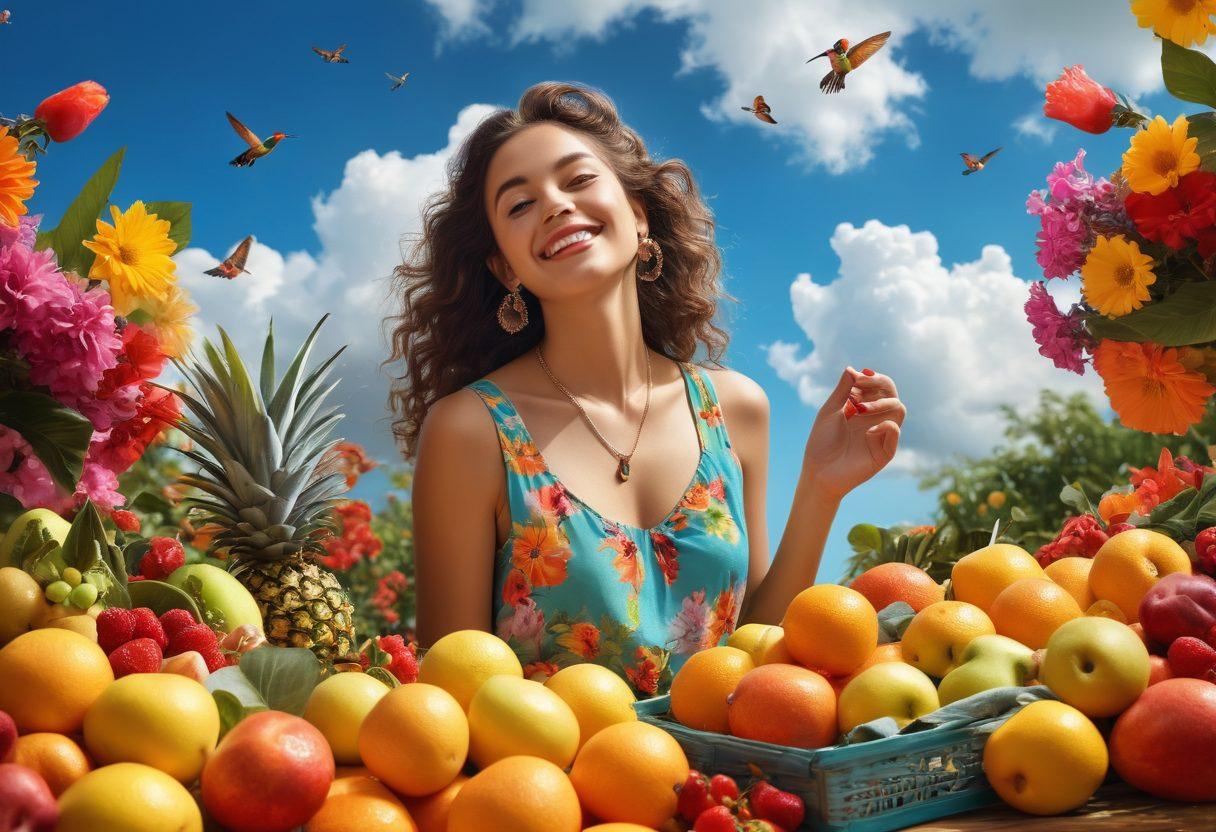 A lively scene depicting a young person surrounded by fresh fruits, vibrant flowers, and colorful essentials like trendy clothes and accessories, all radiating energy and joy. The background features a bright sunny sky with playful clouds, symbolizing a youthful spirit. Add energetic hummingbirds and butterflies fluttering around to enhance the feeling of exuberance. super-realistic. vibrant colors. sunny atmosphere.